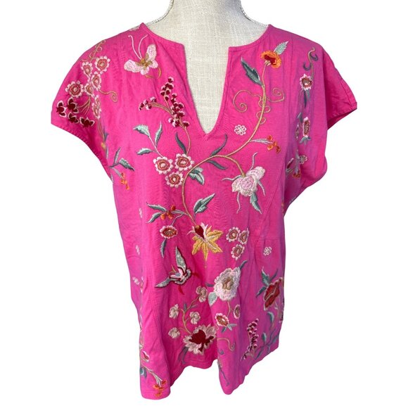 Johnny Was Tops - Johnny Was Pink Embroidered Floral Blouse Short Sleeve V-Neck M